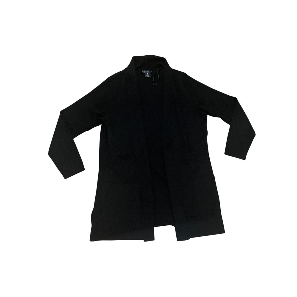 Marina Luna Woman Black 100% Merino Wool Open Front Cardigan Pockets Size X